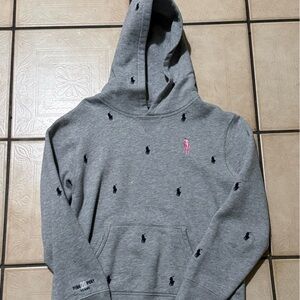 PINK Victoria's Secret Gray Hoodie with Navy and Pink Embroidery